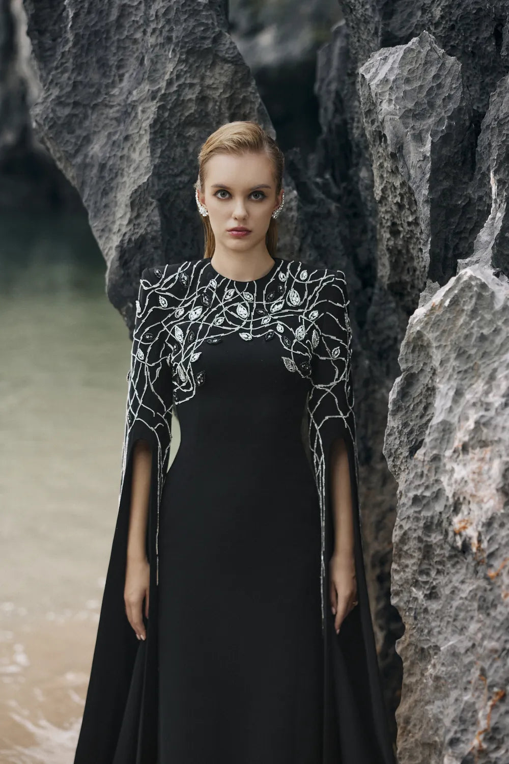 Crystal Embellished Sleeves Slit Long Cape